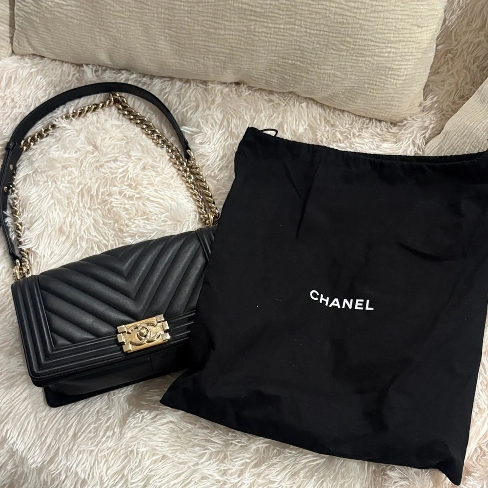 CHANEL Black Chevron Quilted LeBoy Bag with Gold Chain